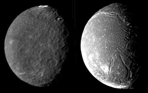 Click to enlarge Voyager 2 photos in 1986 of the Uranus moons Umbriel (left) 